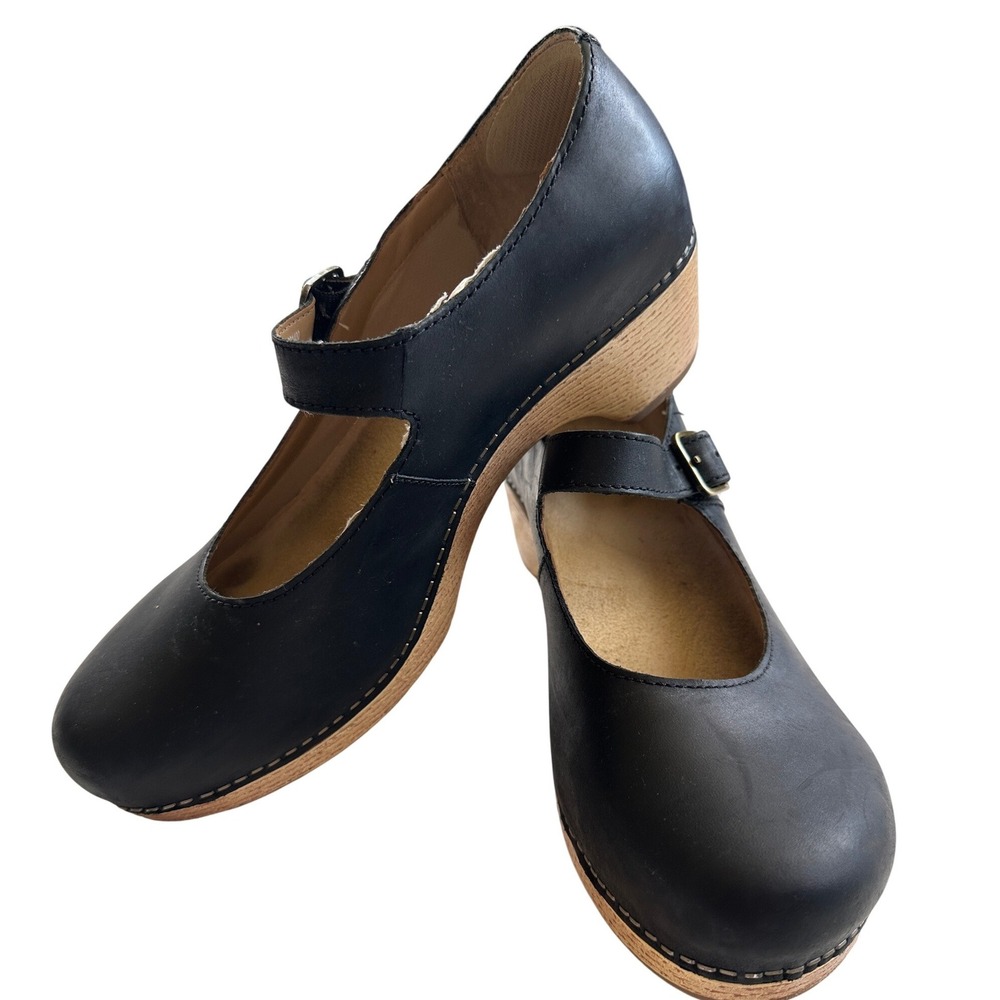 Dansko Fawna Mary Jane Clogs Women 41 Black Leather Buckle Heel Excellent